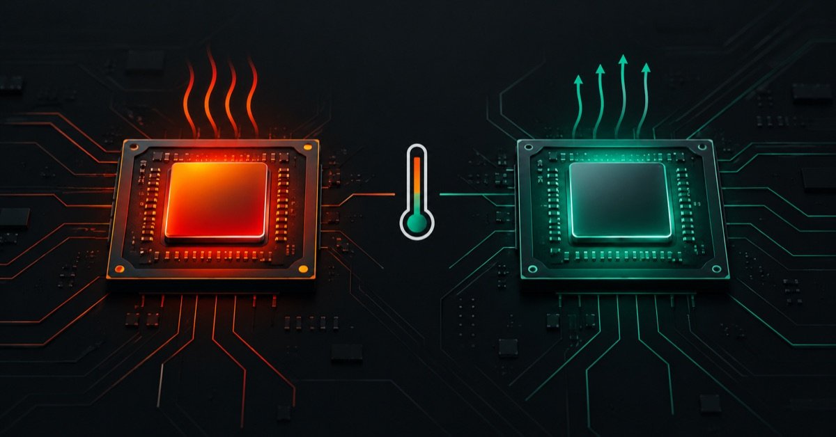 Two processor chips side by side, the left glowing hot red and the right running cool green, illustrating CPU versus NPU inference heat on the MediaTek Genio