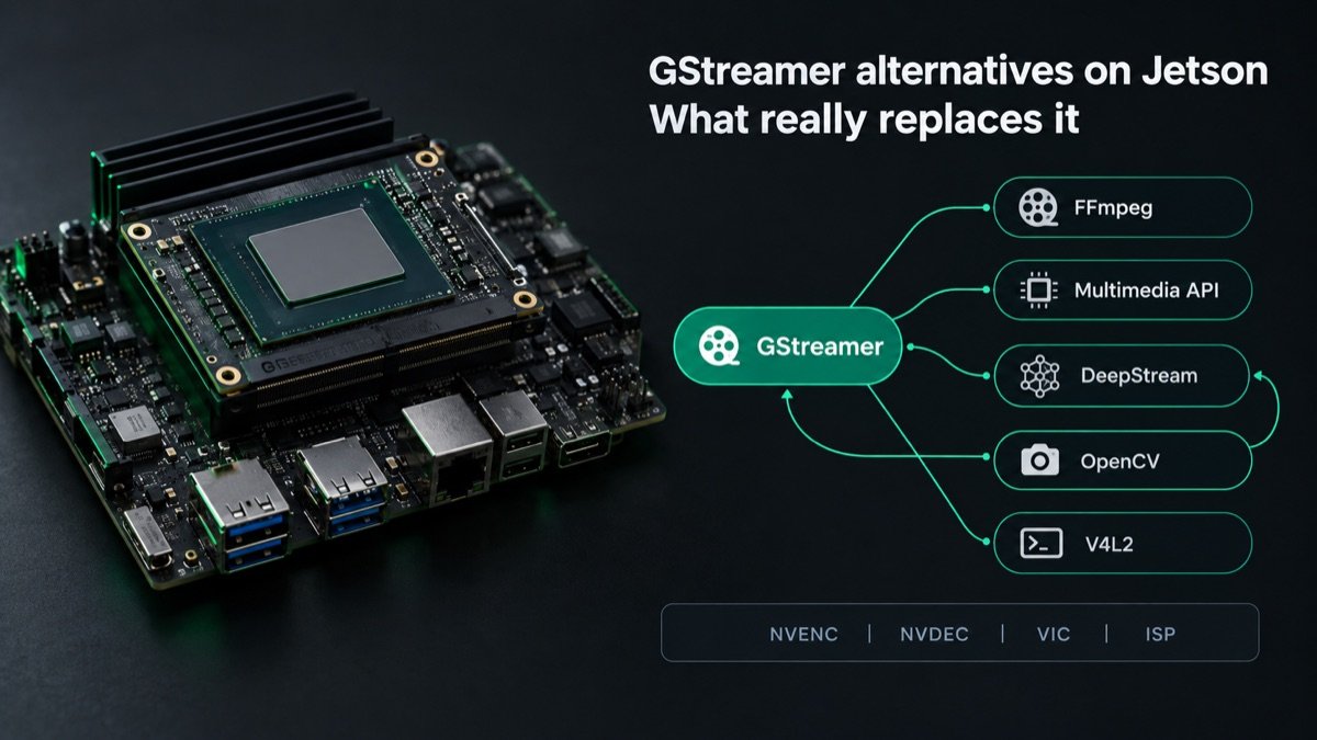 Jetson module beside a diagram of GStreamer branching to FFmpeg, Multimedia API, DeepStream, OpenCV and V4L2, with DeepStream looping back into GStreamer
