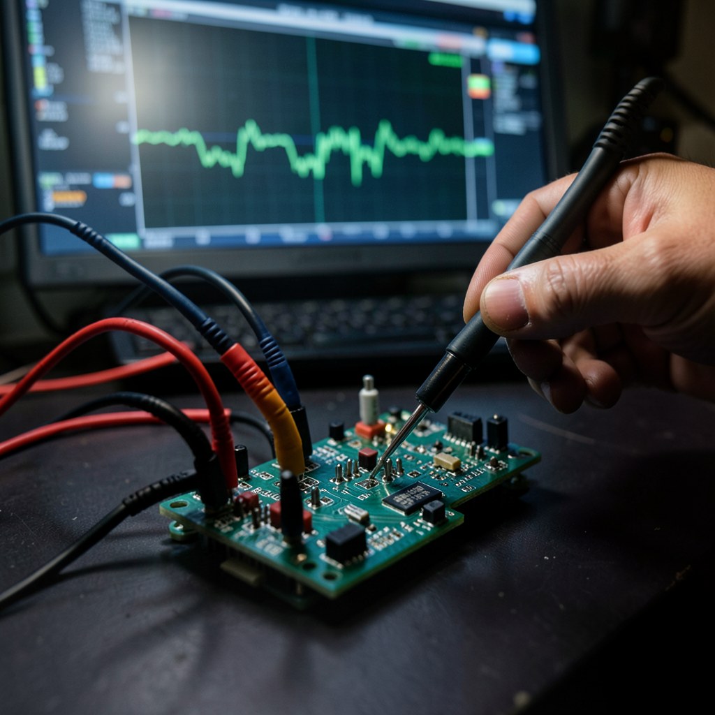 Oscilloscope probes attached to a custom Jetson carrier board diagnosing hardware design mistakes during bring-up