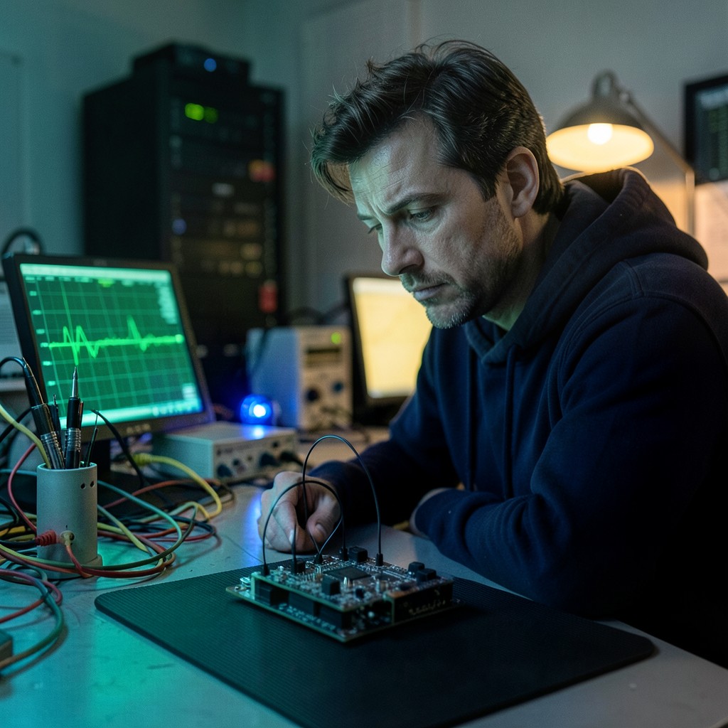 Hardware engineer debugging a custom Jetson carrier board at a lab bench at night, oscilloscope traces glowing in the background