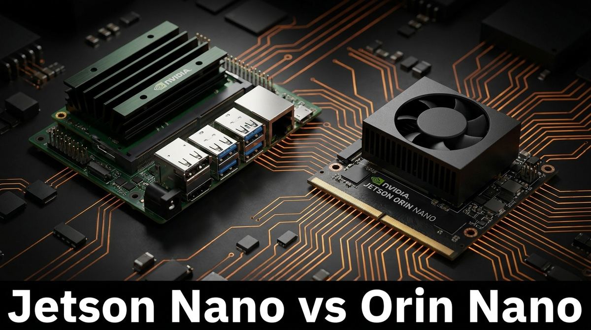 Jetson Nano module next to a Jetson Orin Nano module, showing the generation jump