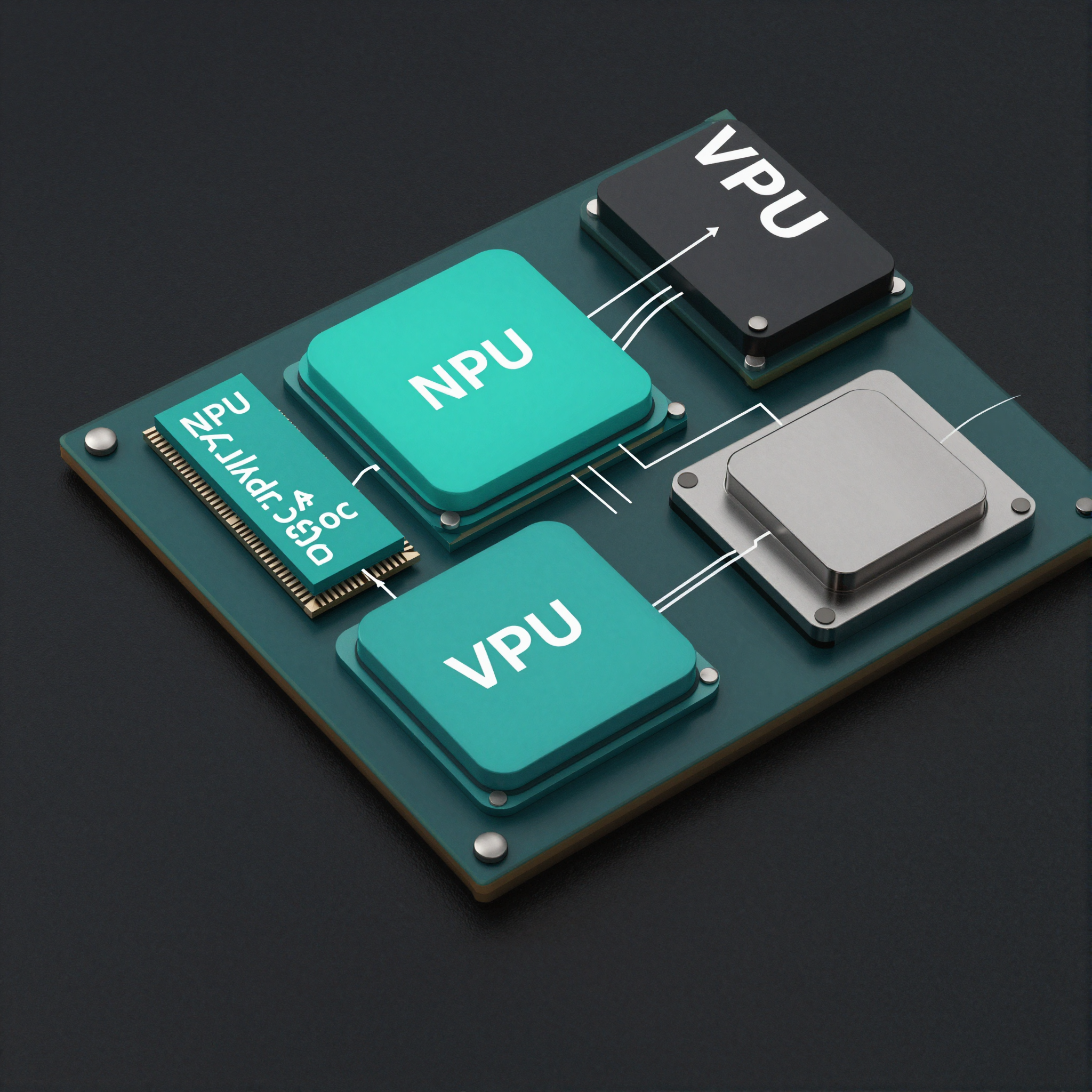 Block diagram of MediaTek Genio SoC showing APU subsystem with NPU and MDLA alongside separate VPU block