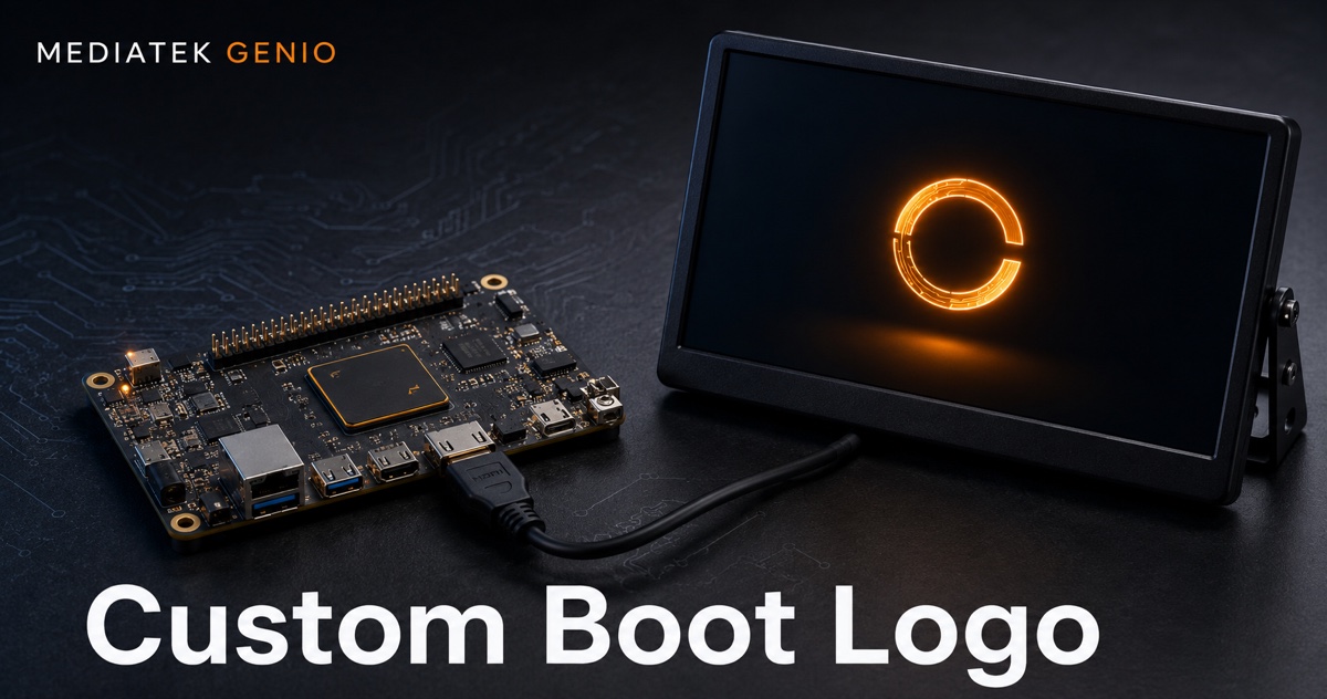 Custom boot logo displayed on a MediaTek Genio board over HDMI, configured through the Yocto bootassets partition