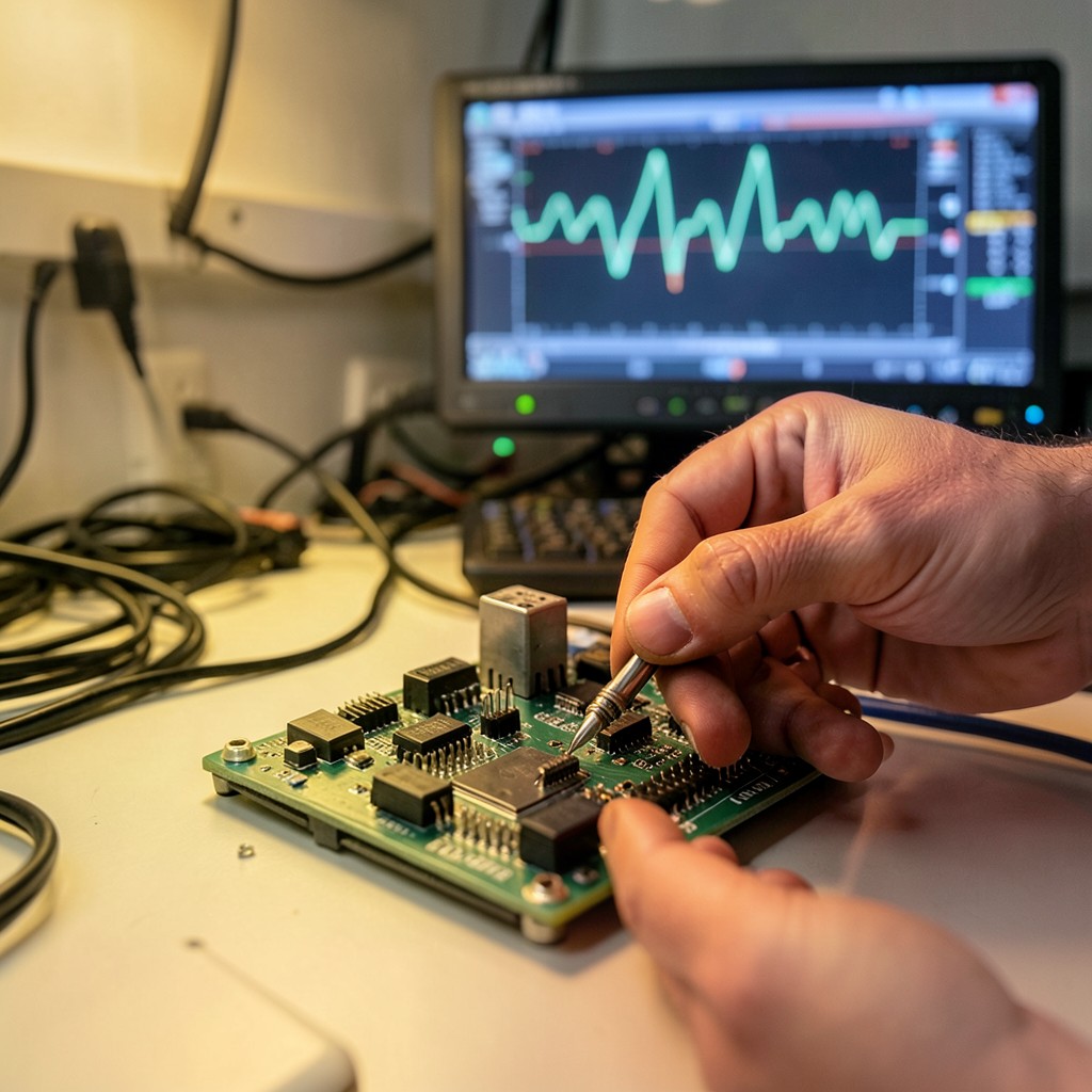 Engineer reviewing a MediaTek Genio 720 custom carrier board schematic on a monitor with the EVK devkit nearby