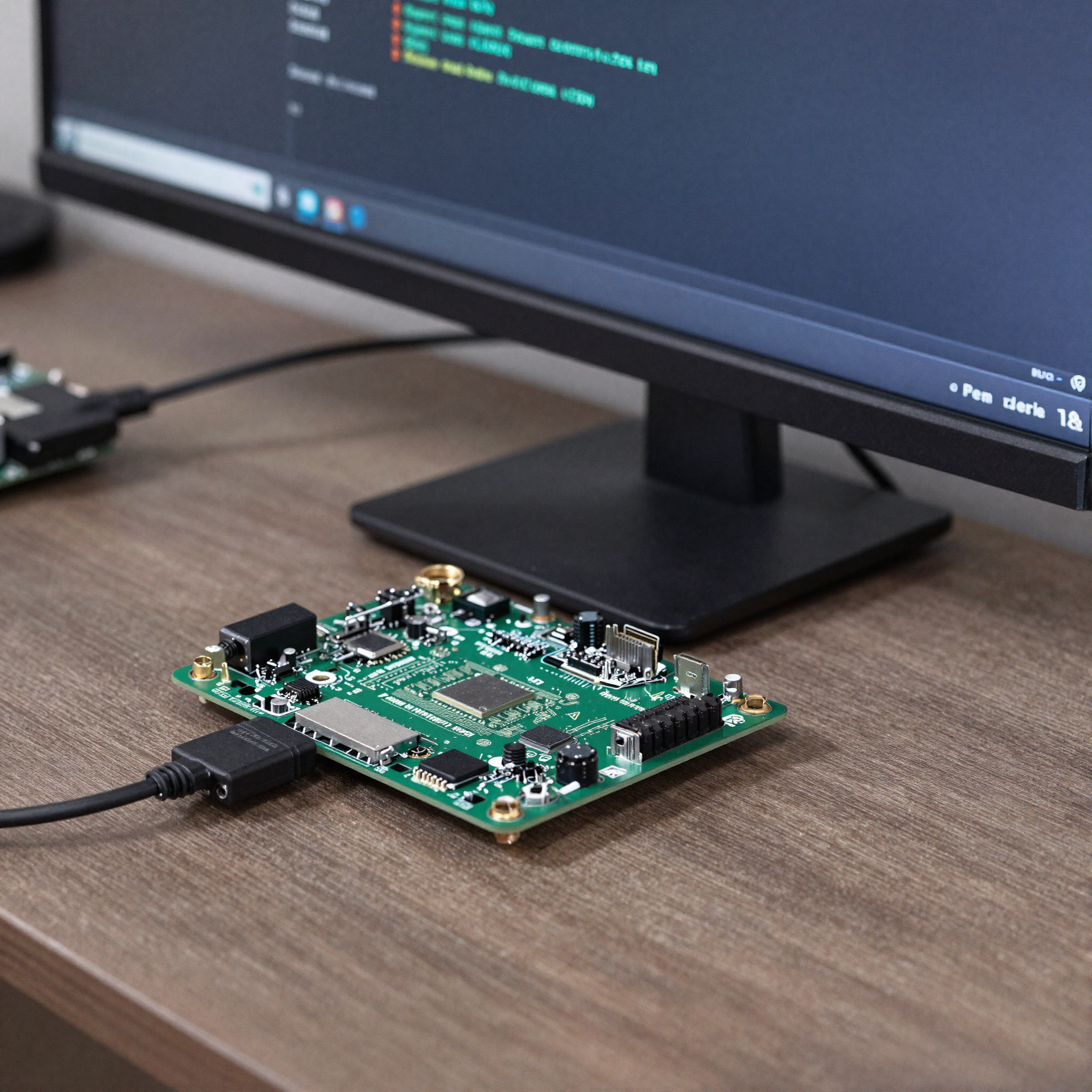 MediaTek Genio EVK connected to HDMI monitor showing display configuration in terminal