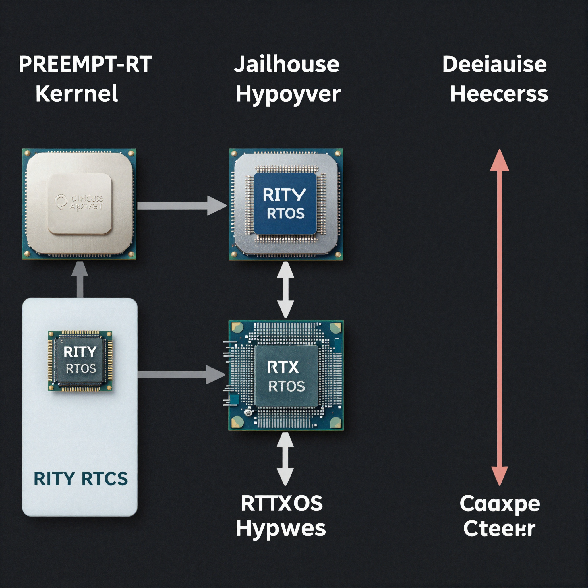 Diagram showing three real-time approaches on MediaTek Genio: PREEMPT-RT kernel, Jailhouse hypervisor, and RITY co-processor RTOS