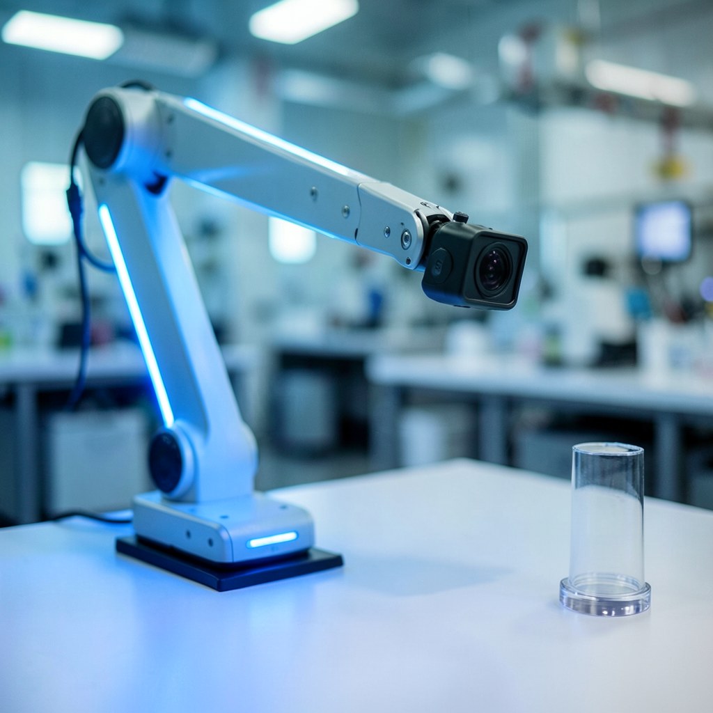 Robotic arm with camera vision system powered by MediaTek Genio edge AI — robotics perception application