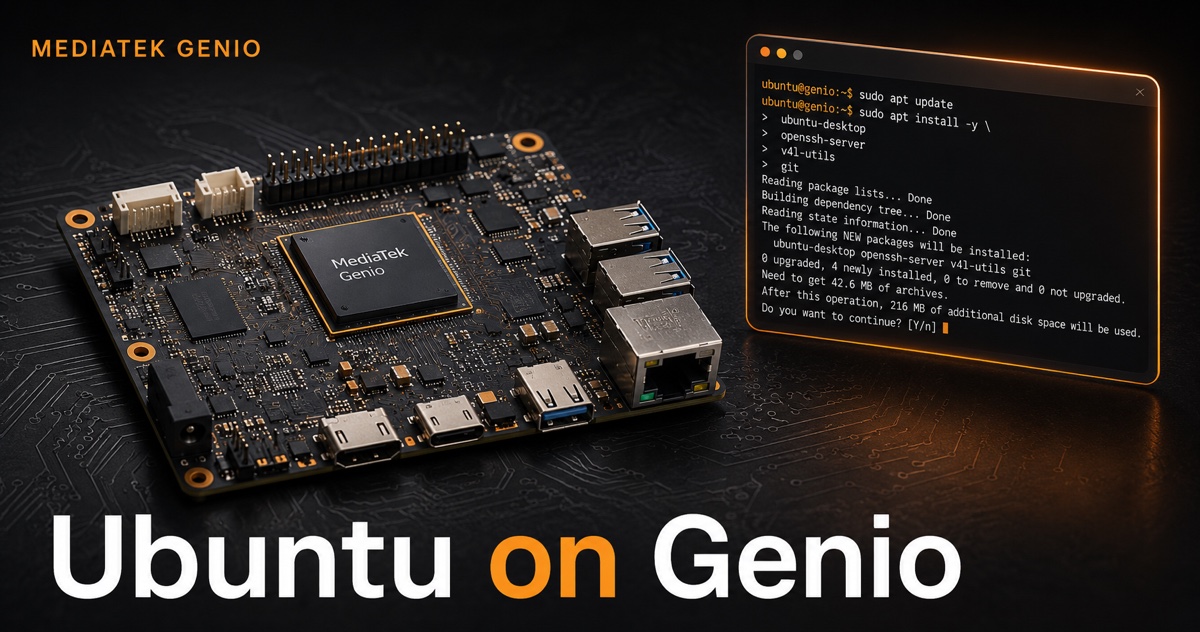 Ubuntu running on a MediaTek Genio evaluation kit with the genio-public BSP for hardware video and NPU acceleration