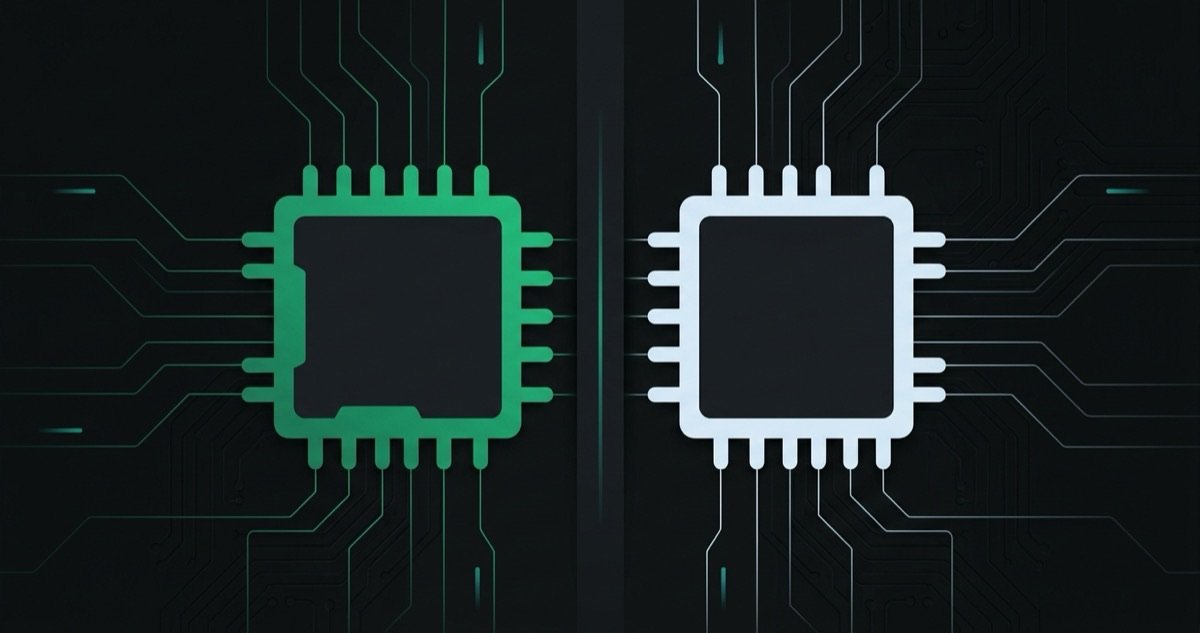 Two compute-module chips facing each other, one green and one white, evenly weighted to represent a fair comparison of MediaTek Genio and NVIDIA Jetson