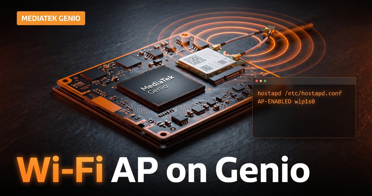 MediaTek Genio board running Wi-Fi access point mode with the MT7921 module and hostapd