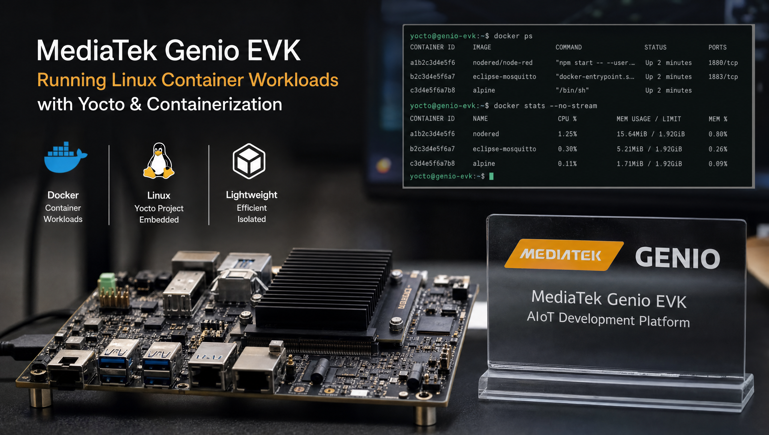 Terminal showing Docker container running on MediaTek Genio Yocto Linux system