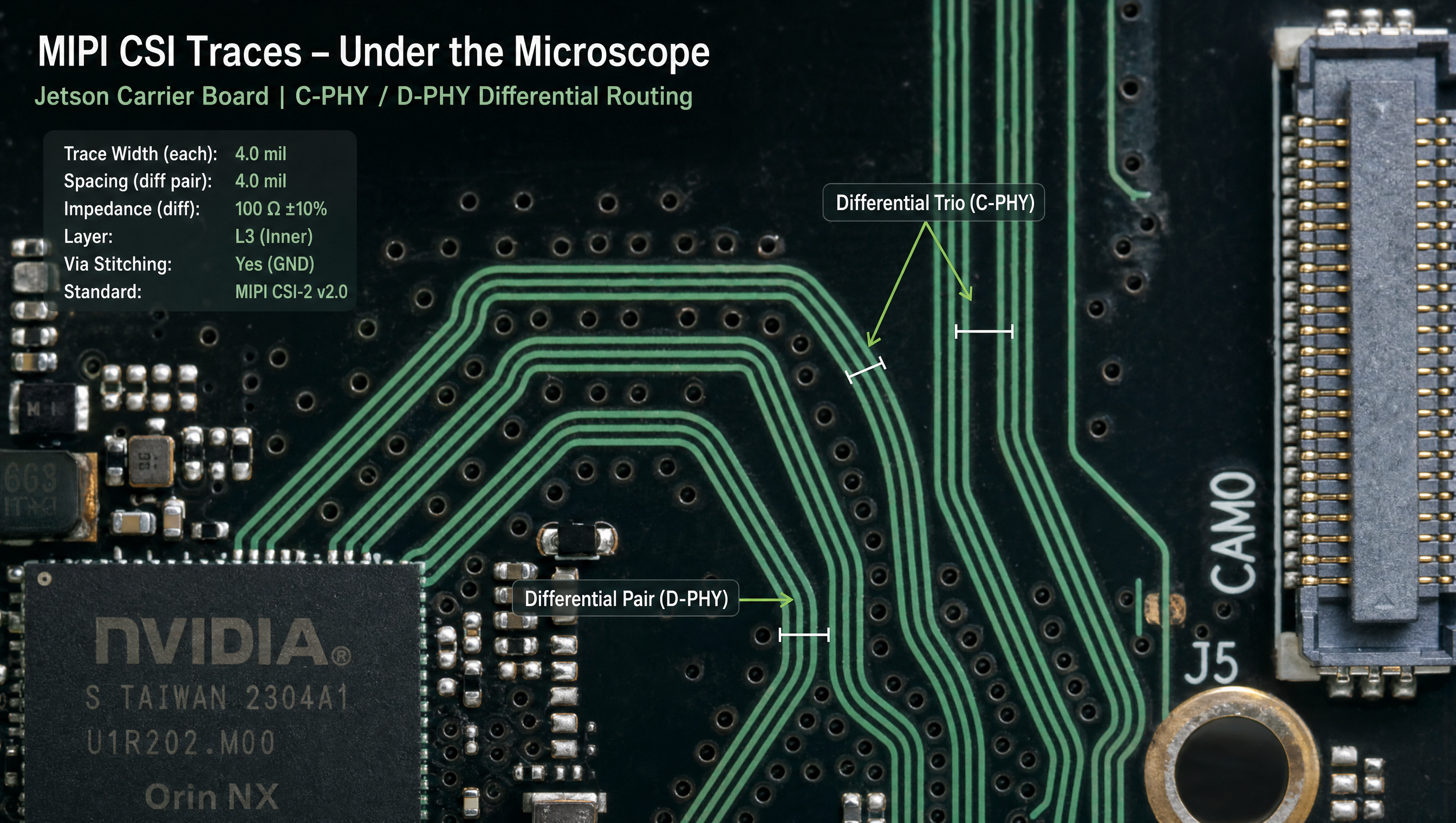 PCB routing diagram showing C-PHY trio and D-PHY differential pair layout on Jetson Orin carrier board
