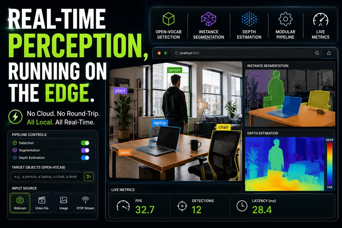 Real-time edge perception dashboard showing open-vocabulary object detection, instance segmentation, and depth estimation on an office scene with live FPS, detection count, and latency metrics