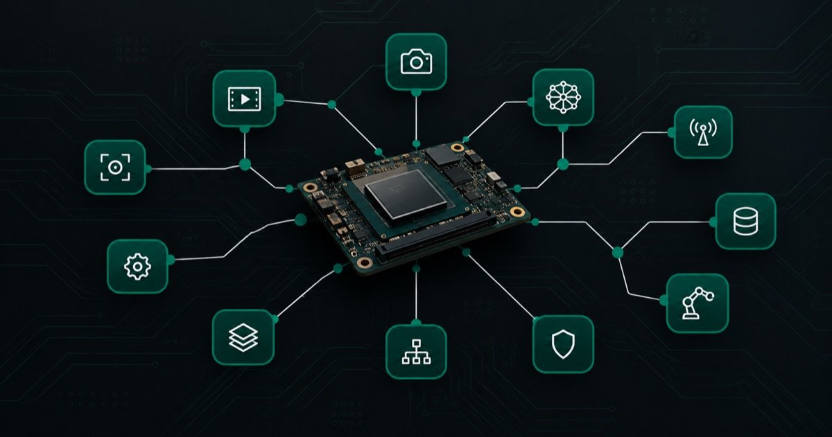 A MediaTek Genio compute module at the center of a graph of software nodes, representing a ROS 2 robot stack running on one board