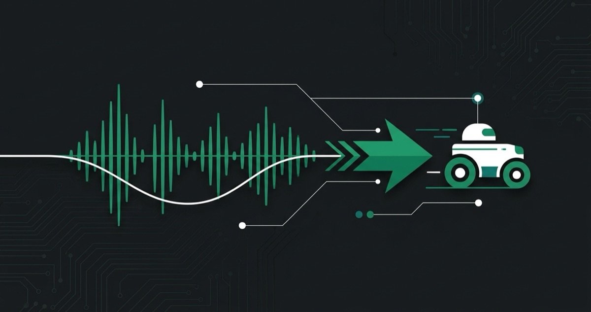 A green soundwave flowing into a motion arrow that feeds a wheeled robot, illustrating spoken commands turning into ROS 2 motion