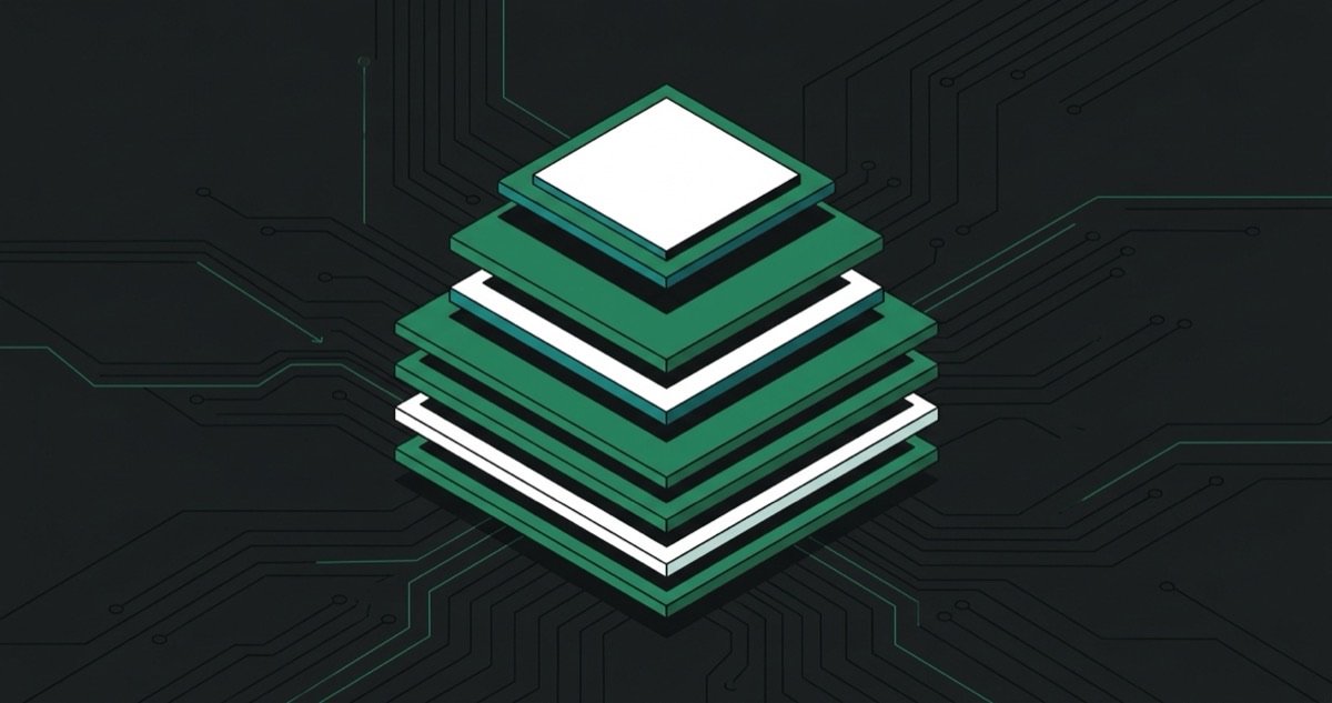 Stacked layers building up into a single clean compute module, illustrating a reproducible Yocto image built from layers for a MediaTek Genio robot